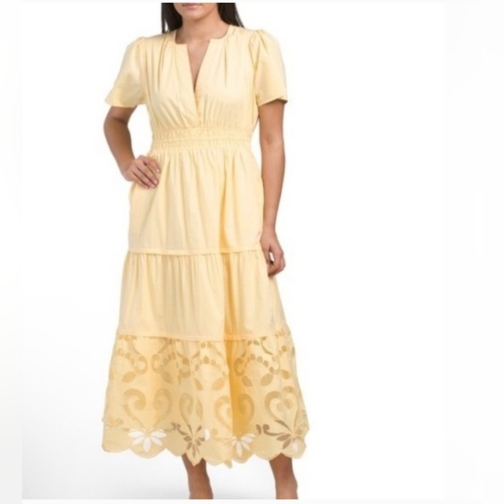 Haute Hippie cotton tiered smocked waist long Boho Maxi Peasant dress Sz M